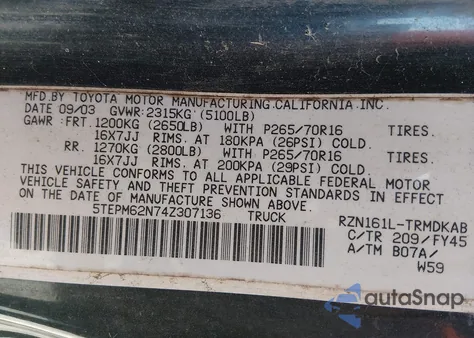 2004 Toyota Tacoma from USA, damaged, VIN 5TEPM62N74Z307136